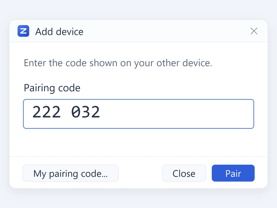 Illustration of entering the same code on the other computer and choosing Pair.